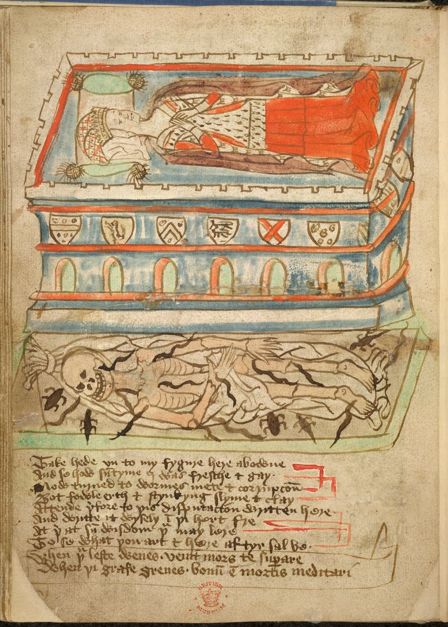 Ekle. 37049, f.32v, Bir tabutta bir kadın cesedi yatıyor, aşağıda 'Din Çölü'nden bir iskelet görülebilir by English School