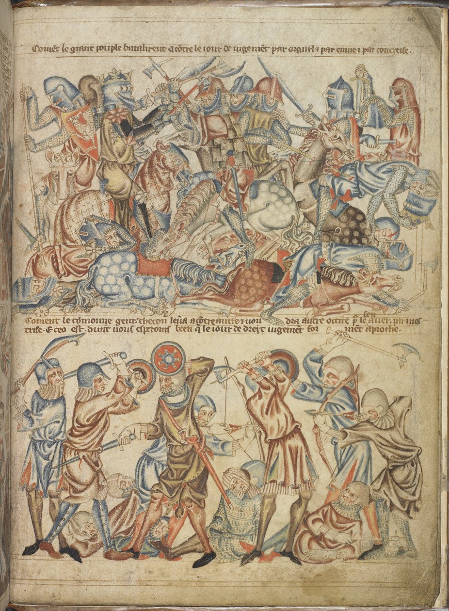 47682 f.40 Bannockburn savaşında savaşan akranlar ve halktan kişiler ekleyin, 'Holkham İncil'inden, c.1320-30 (parşömen) by English School