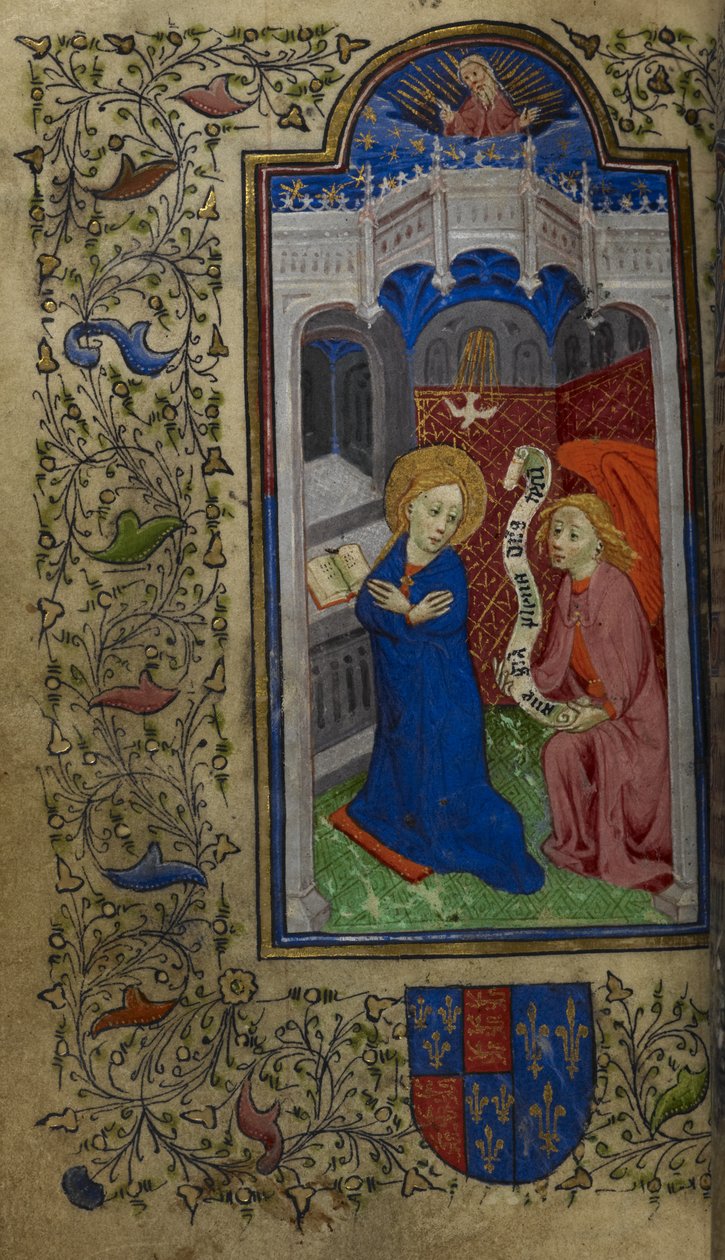 Eklemek. 65100, f.27v Müjde, Catherine de Valois'in Saatleri, c.1420-22 (parşömen) by English School