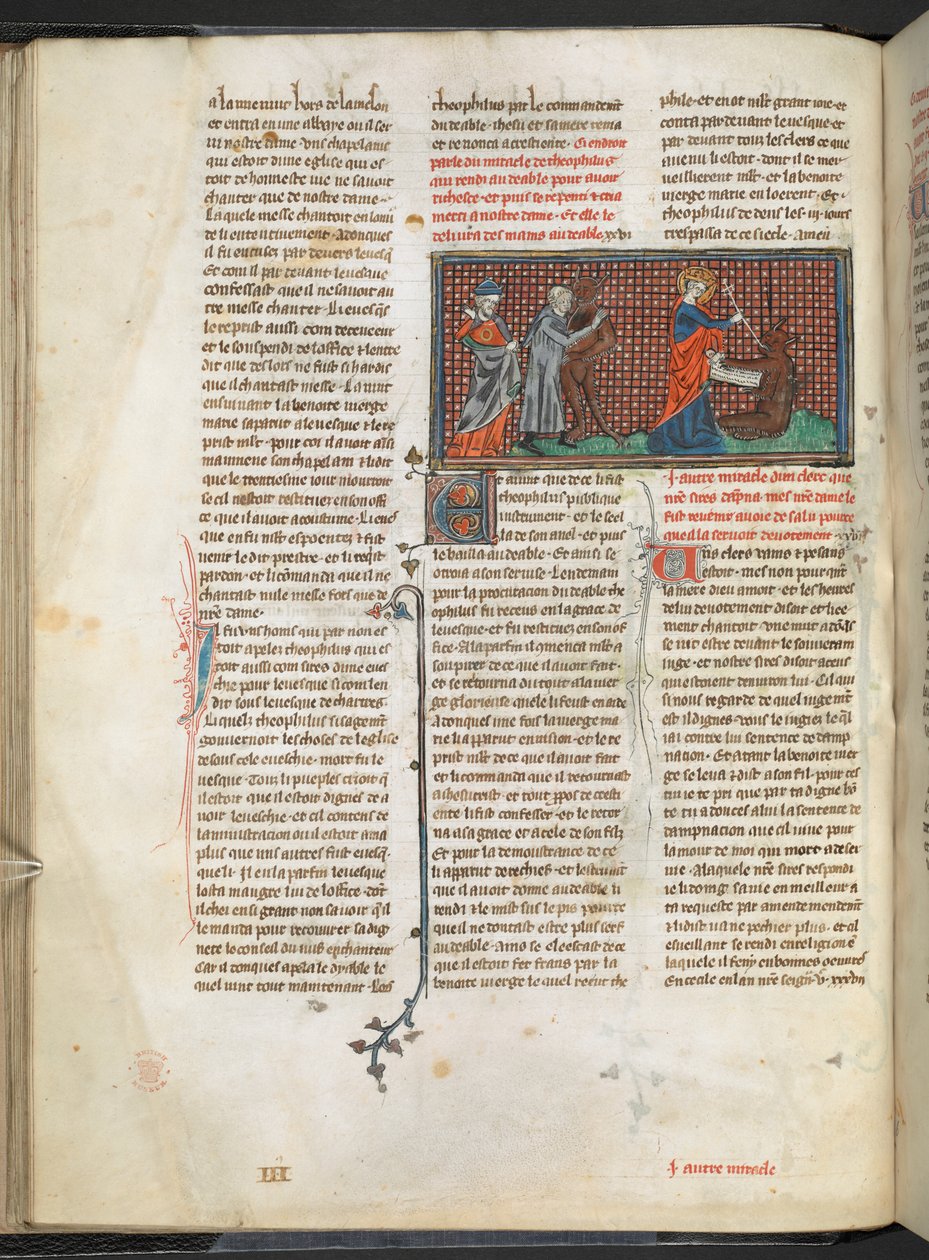 Ekle. Ms 17275 fol.29v Theophilus, the Devil and the Virgin Mary (parşömen) by English School