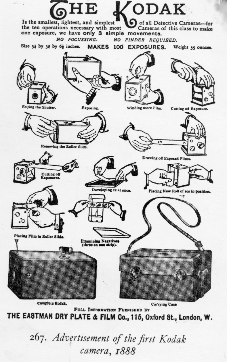 İlk Kodak fotoğraf makinesinin reklamı, 1888 by English School