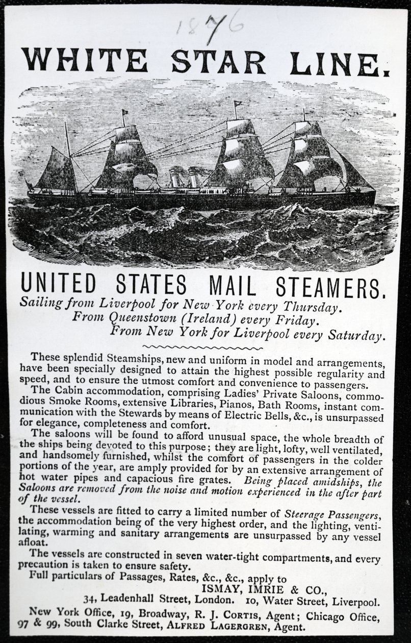 White Star Line reklamı, 1876 (basılı kağıt) by English School