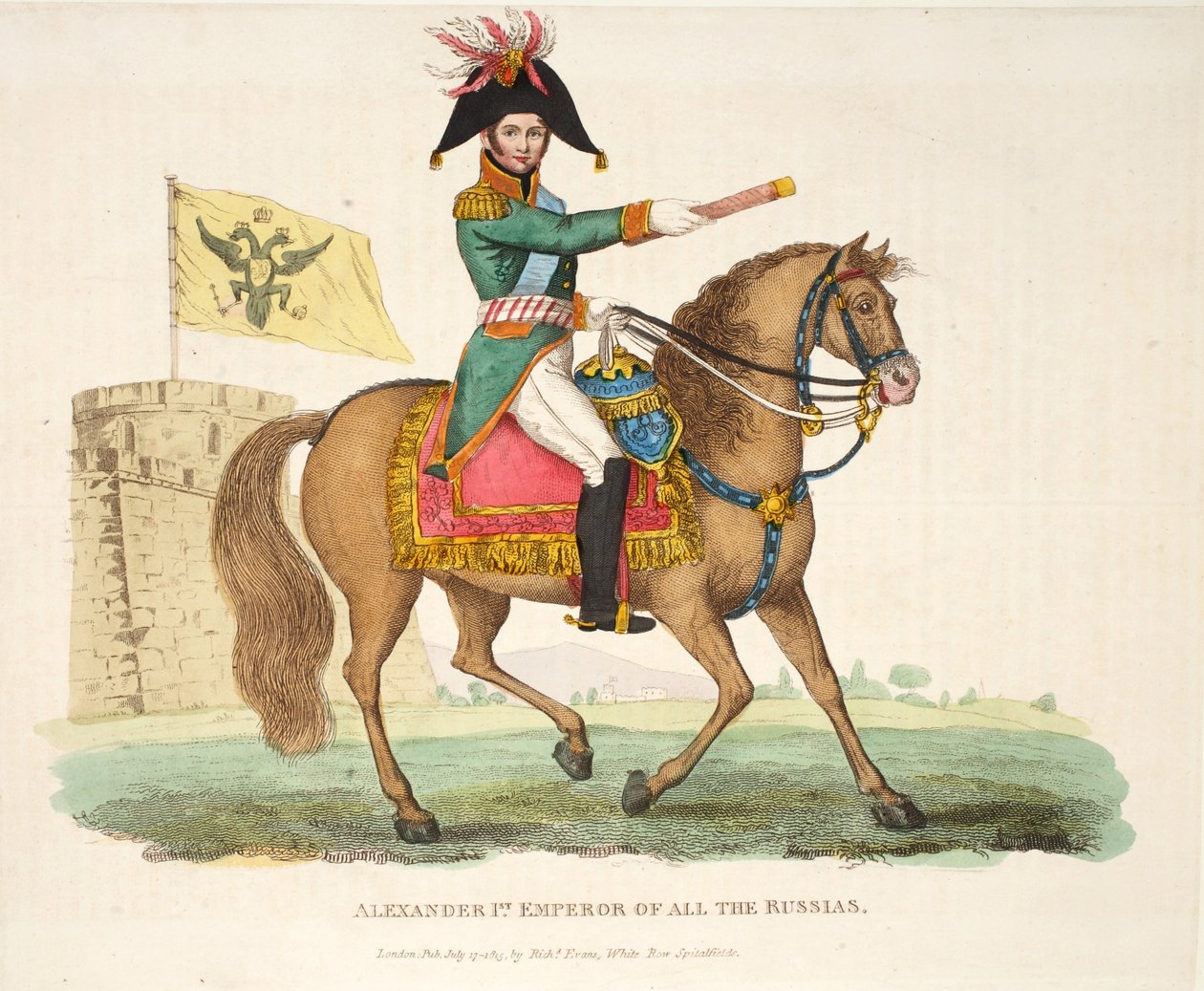 Alexander I, Tüm Rusyaların İmparatoru, pub. Richard Evans tarafından, Romney tarafından oyulmuş, William Mudford tarafından kaleme alınan Waterloo Savaşının Tarihsel Hesabından bir örnek, 1816 by English School