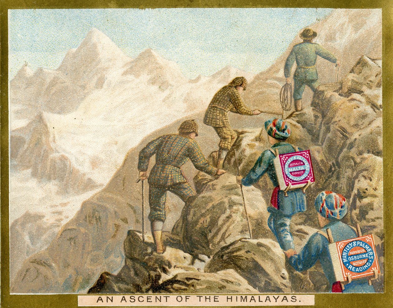An Ascent of the Himalayas, Huntley & Palmers Biscuits için bir promosyon kartı, c.1890 by English School