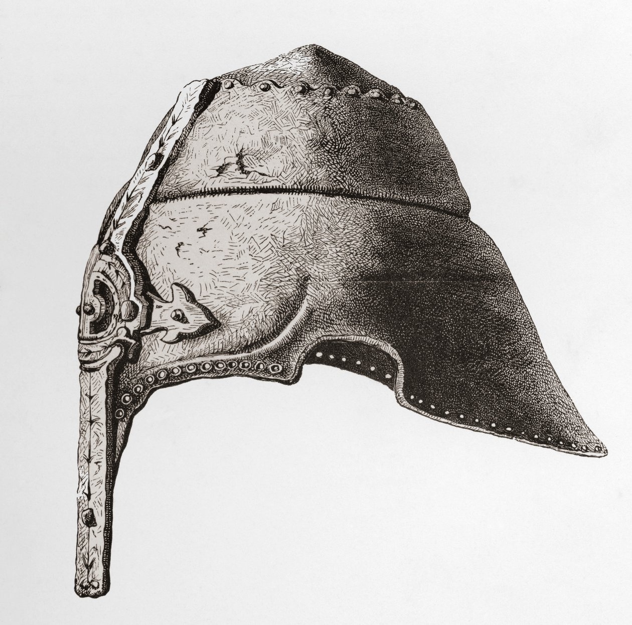 The British Army: Its Origins, Progress and Equipment'tan 12. yüzyılın başlarından bir Nazal Miğfer, 1868'de yayınlandı. by English School