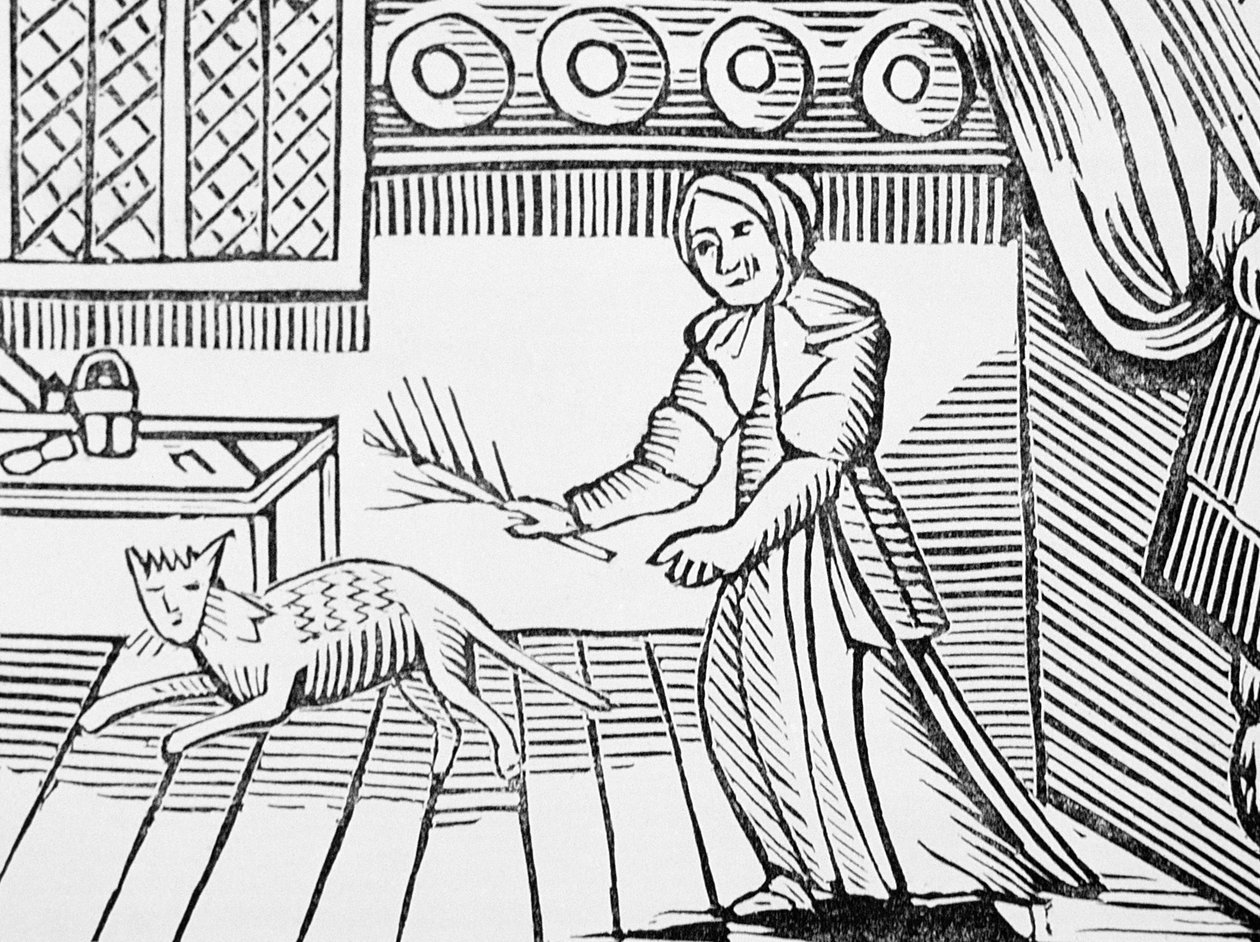 Bir Pazar günü fareleri yakalamak için kedisini kırbaçlayan yaşlı bir kadın, ezoterica, c14th-c17th üzerine bir chapbooks koleksiyonundan by English School