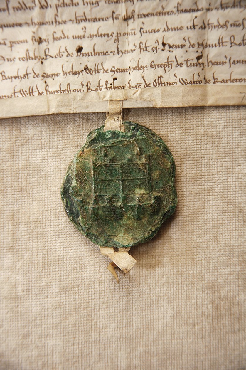 William de Albini IV için yapılmış orijinal kale resmine sahip antik mühür, c.1267 (kağıt ve mum) by English School