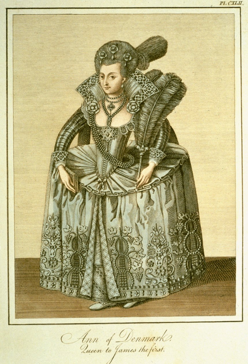 Danimarkalı Anne (1574-1619) James I'in karısı, İngiltere Halkının Kıyafet ve Alışkanlıklarının Tam Görünümü'nden örnekleme Cilt II, 1799'da yayınlandı by English School