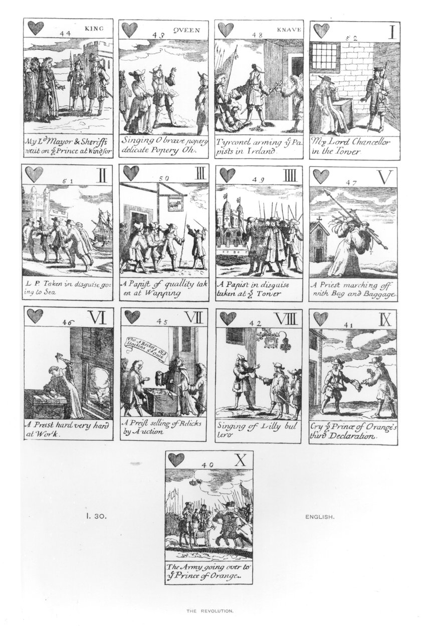 1688 Şanlı Devrimini anan Katolik karşıtı oyun kartları, kalp takımı by English School
