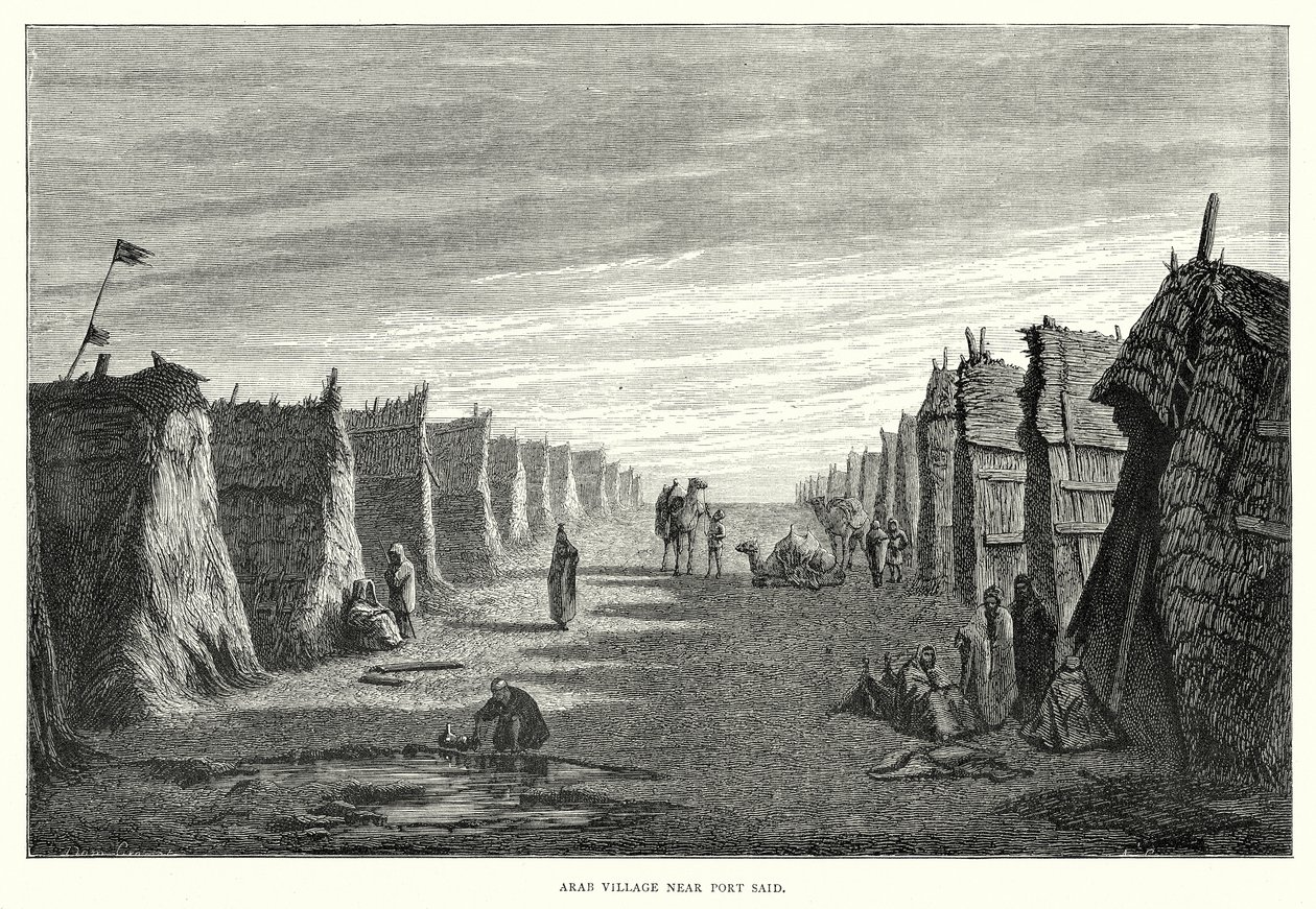 Port Said yakınlarındaki Arap Köyü (gravür) by English School