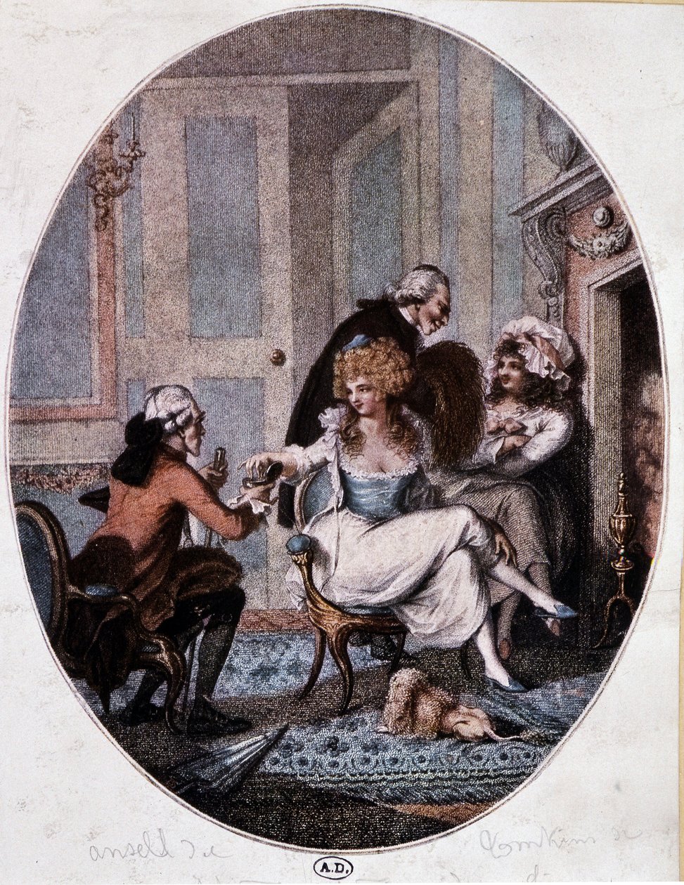 Fahişeler eşliğinde aristokrat ve tedavi - İngiliz gravürü by English School