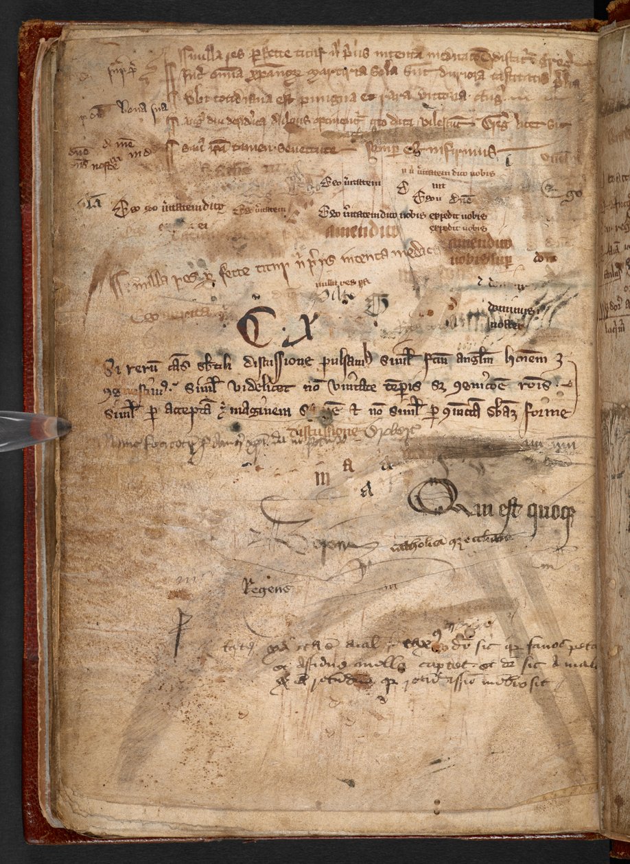 Arundel 292, f.114v, Tüy kalemin kitlesel okuryazarlık için ne kadar büyük bir engel olduğunu gösteren birçok kalem denemesi içeren el yazması (kağıt üzerinde kalem ve mürekkep) by English School