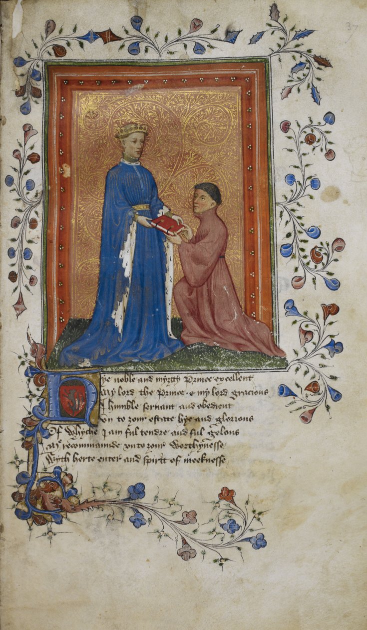 Arundel 38, f.37 Thomas Hoccleve Lancaster Prensi Henry'ye bir kitap sunar, 'De regimine principum'dan örnek by English School