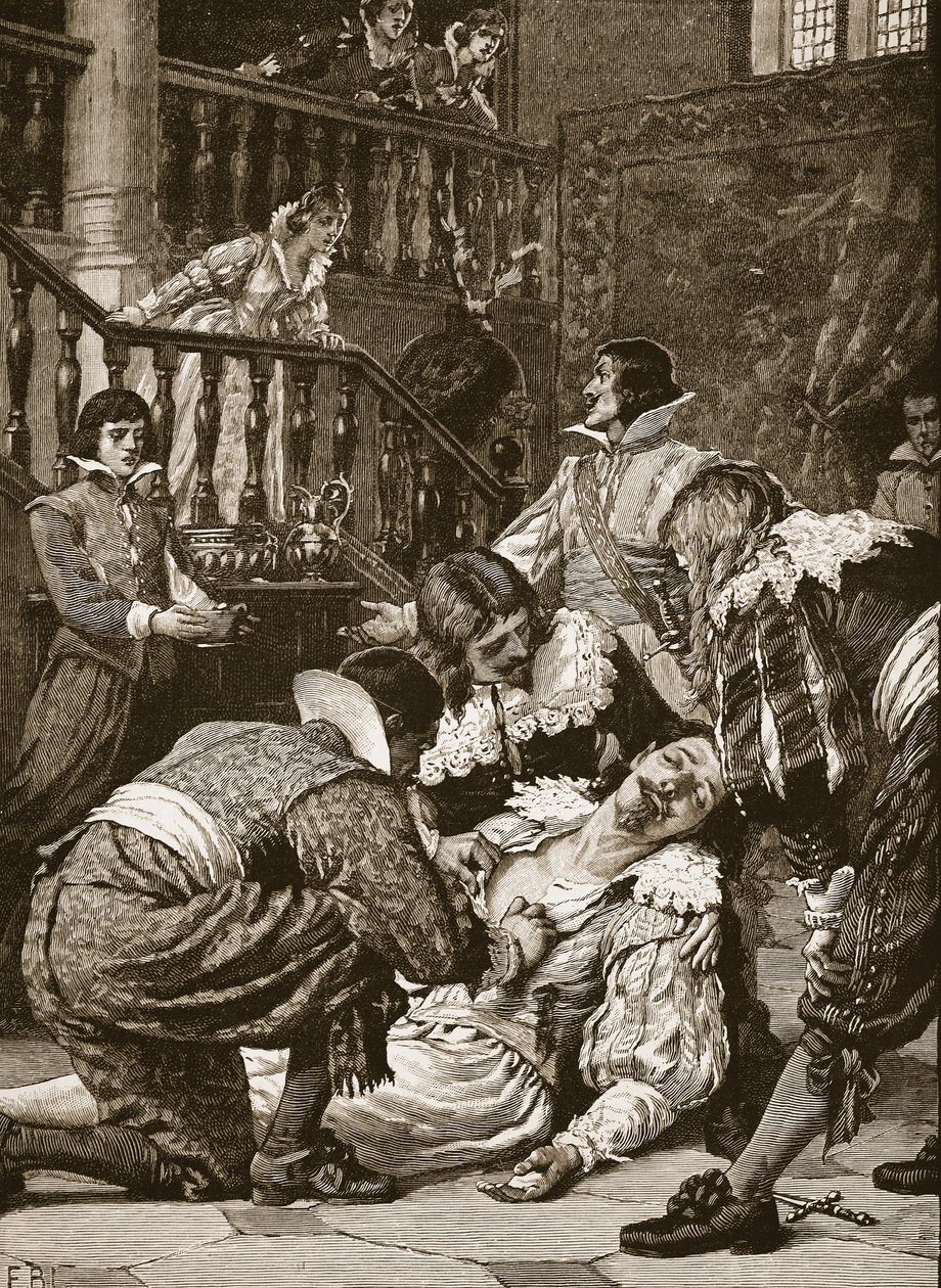 Buckingham Dükü Suikastı, 'Cassell'in Illustrated History of England'ından bir çizim (gravür) (sepya fotoğraf) by English School