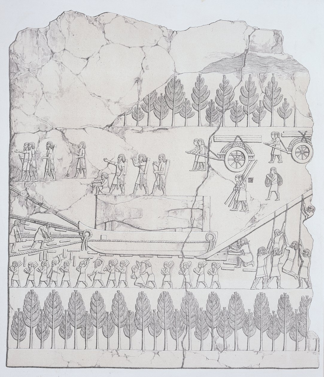 Nineveh ve Kalıntılarından Kanatlı Boğayı Kızak Üzerinde Hareket Eden Asurlular, Austen Henry Layard (1817-94) tarafından 1849'da yayınlandı by English School