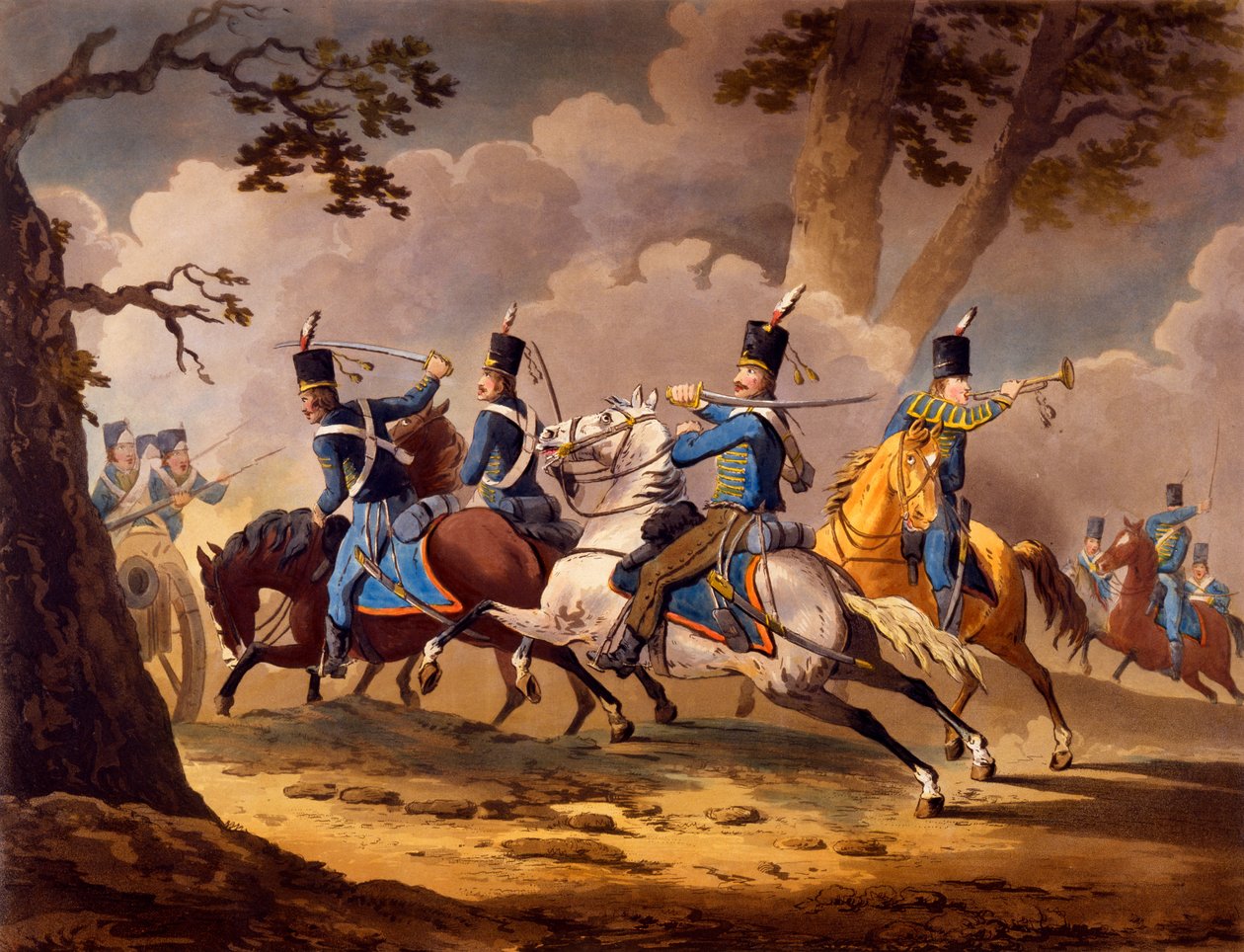 Avusturya Piyadeleri, 1799-1802'de yayınlanan Napolyon kampanyaları sırasında müttefiklerin dizi Süvari eylemlerinden, Prusya Süvarilerinden topçularını savunurken (el boyaması taş) by English School
