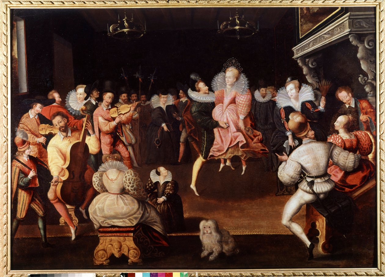 İngiltere Müzisyenler ve dansçıların mahkemesinde top. 16. yüzyılın İngiliz okulunun resmi. Londra, ulusal portre galerisi. by English School