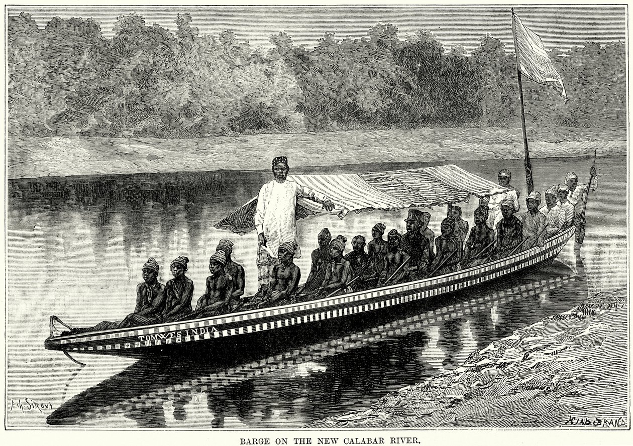 Yeni Calabar Nehri üzerinde mavna (gravür) by English School
