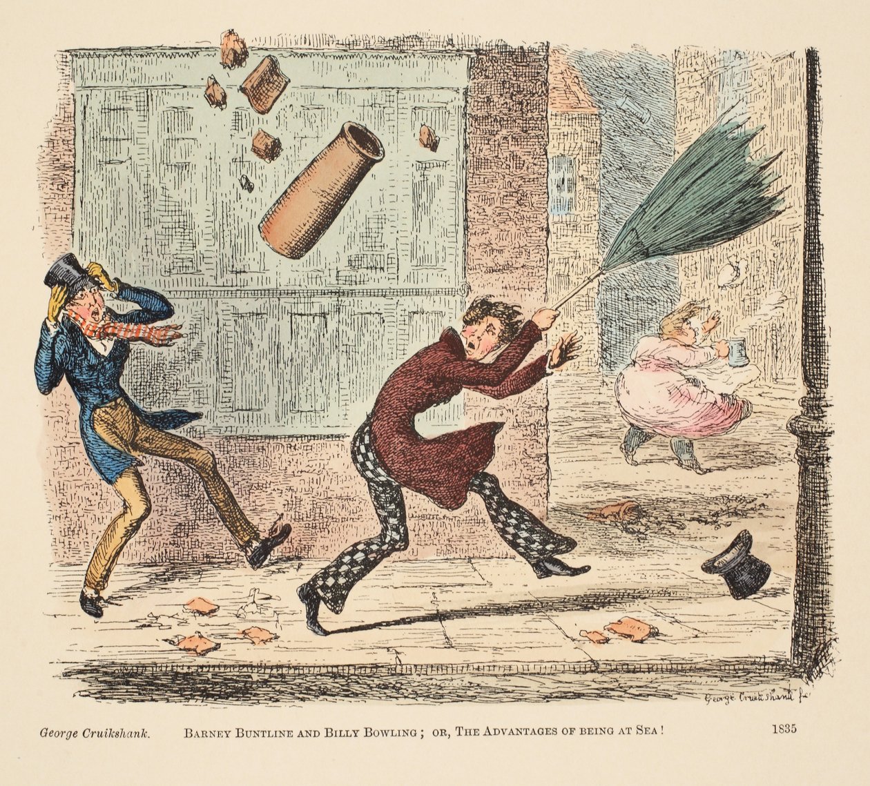 Barney Buntline ve Billy Bowling; veya, Denizde Olmanın Avantajları, pub. 1835 (el renkli gravür) by English School