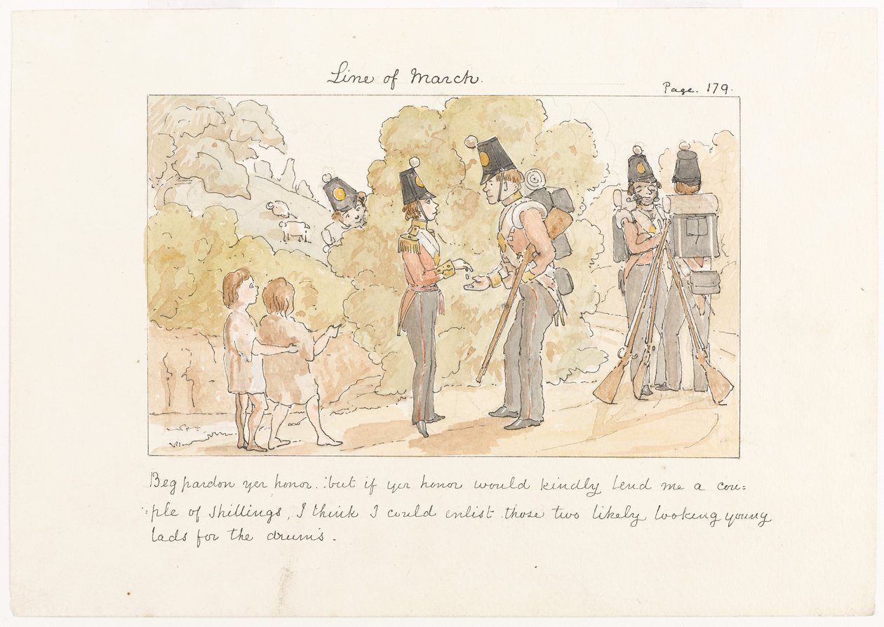 Affedersiniz şerefiniz, ama eğer şerefiniz bana birkaç şilin ödünç verirse, sanırım o iki muhtemel genç delikanlıyı davul için yazabilirim, c.1850 (kağıt üzerine suluboya) by English School