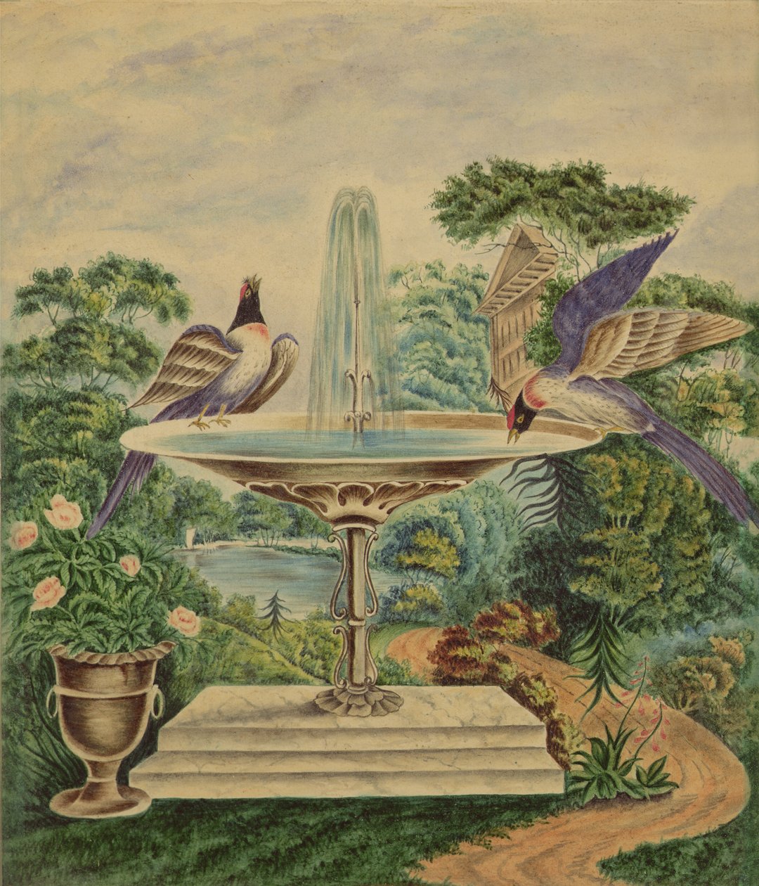Peyzaj Parkında Çeşmedeki Kuşlar, 1840 dolayları (kağıt üzerinde wc) by English School