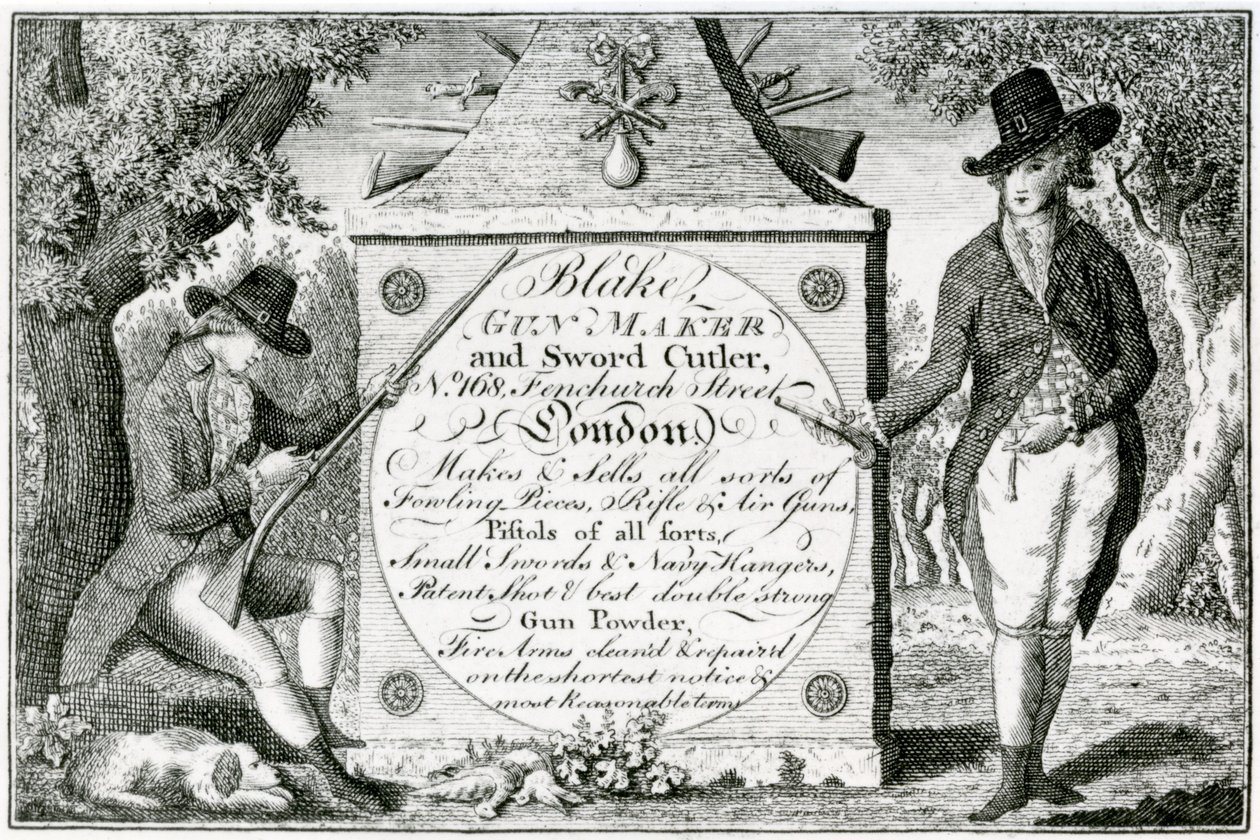 Blake, Gunmaker ve Sword Cutler, silah kutusu etiketi (gravür) by English School