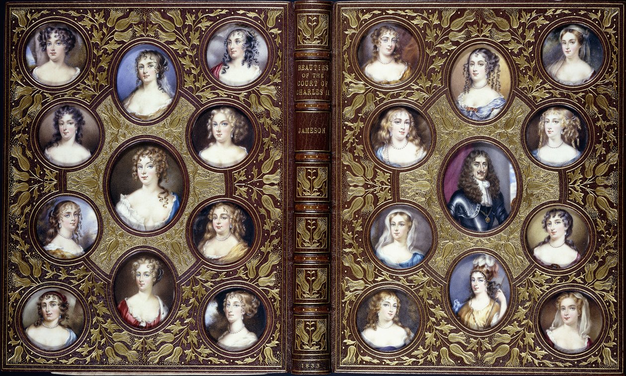 Charles II ve sarayının güzel kadınlarının yirmi iki portre minyatürü ile kitap kapağı, 1833 by English School