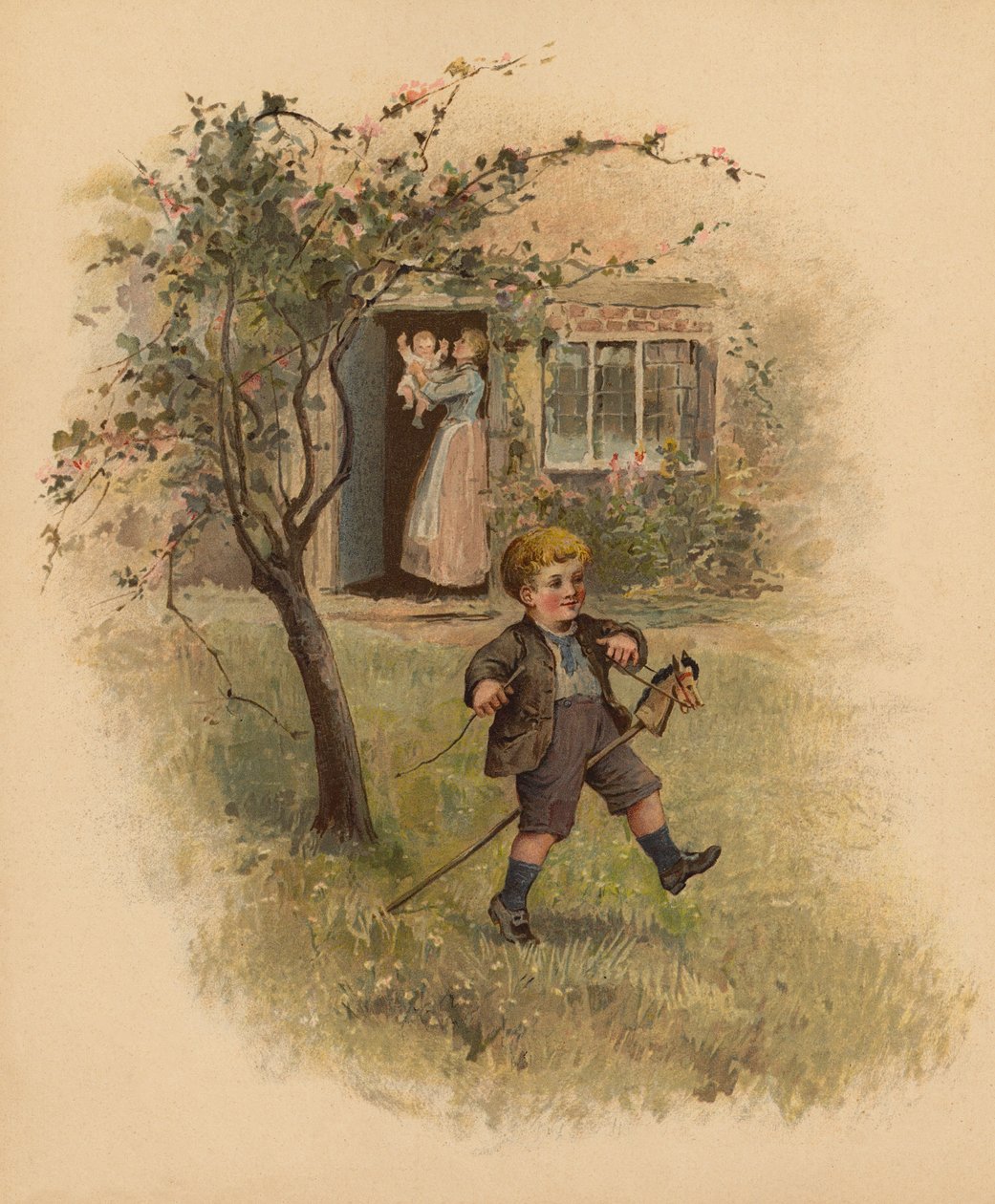 Bahçede hobi atına binen çocuk (kromolito) by English School