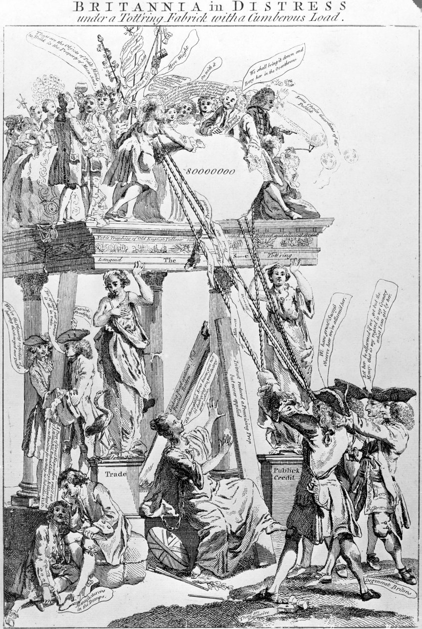 1756 dolaylarında, hantal bir yük ile sendeleyen bir kumaşın altında sıkıntı içinde olan Britannia by English School