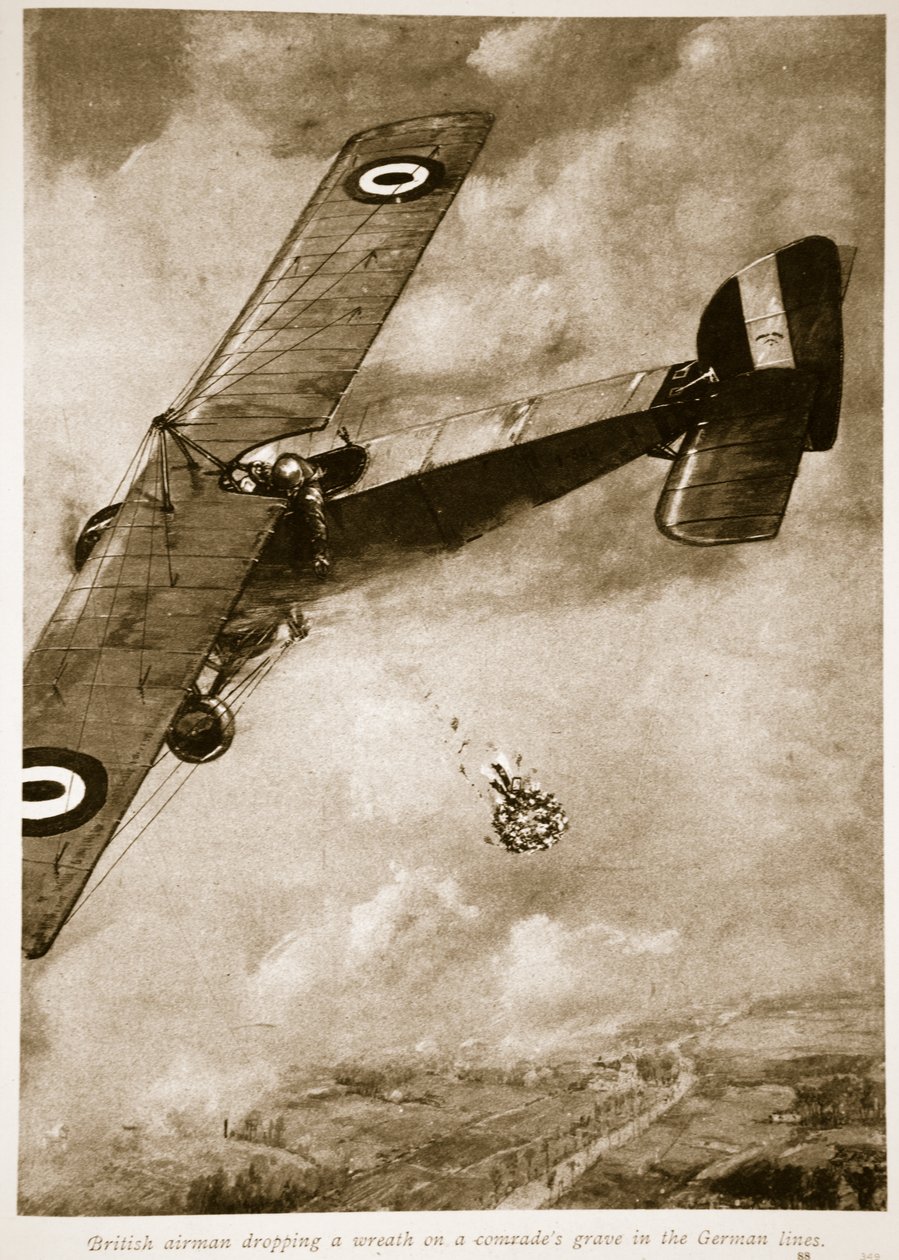 İngiliz havacı, Alman hatlarında bir yoldaş mezarına çelenk bırakıyor, 1914-19 by English School