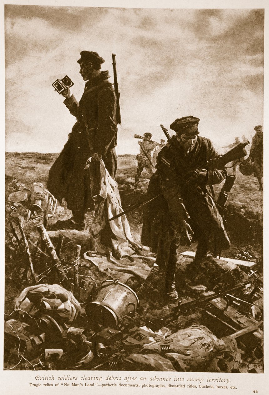 İngiliz askerleri, düşman topraklarına ilerledikten sonra enkazı temizliyor, 1914-19 by English School