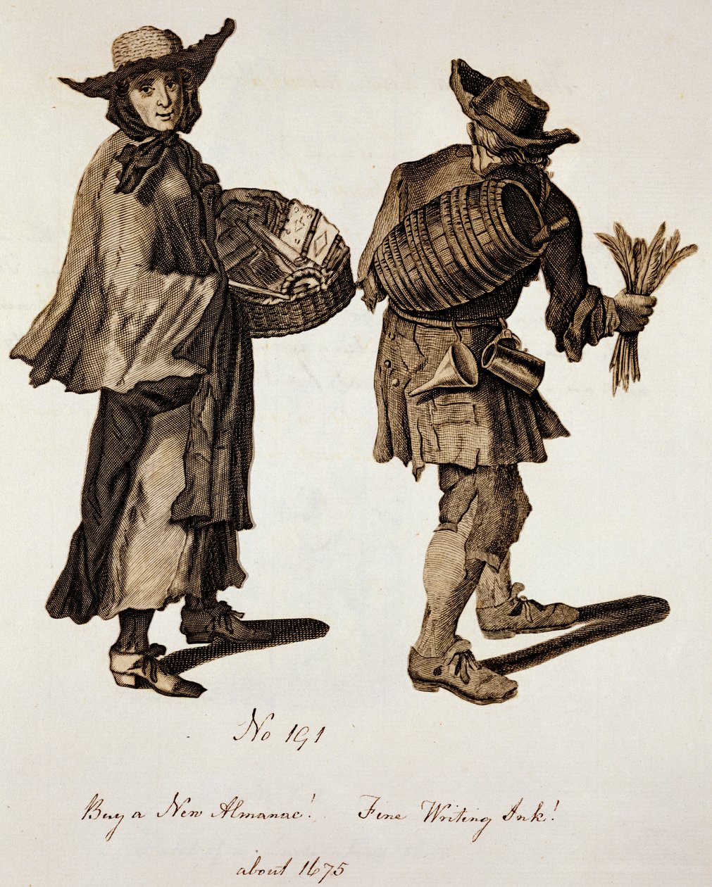 Yeni bir Almanak satın alın! İnce yazı mürekkebi!, 1675 civarında sokak satıcılarının illüstrasyonu by English School