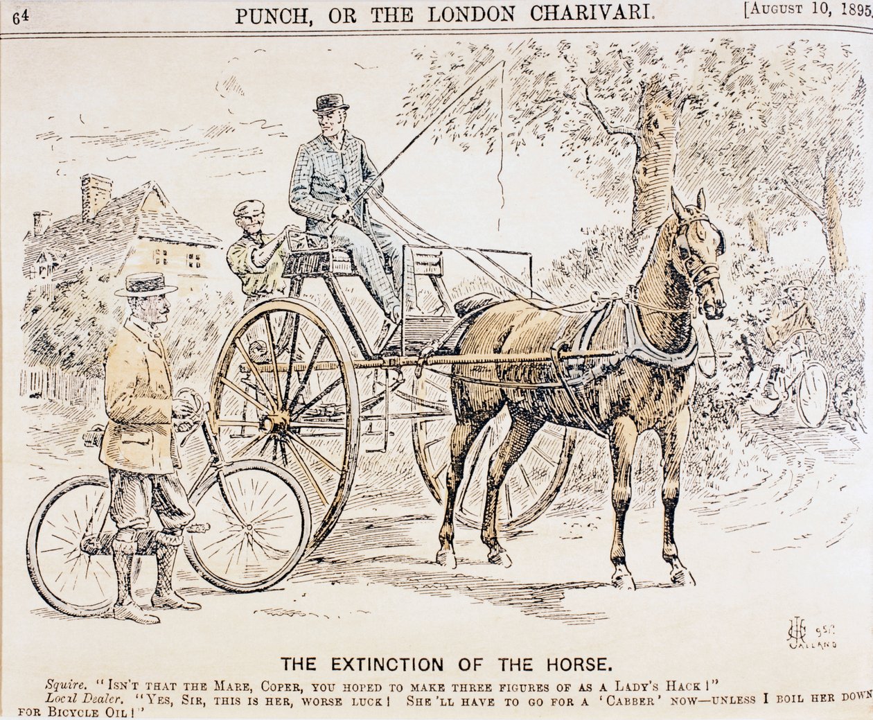 Punch dergisinden, 10 Ağustos 1895 tarihli, bisikletlerin ve motorlu taşıtların gelişi ve bunun sonucunda Atlı trafiğin sonu hakkında karikatür by English School