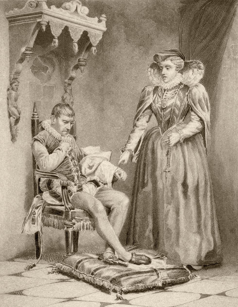 Catherine de'Medici, oğlu Charles IX ile (litho) by English School