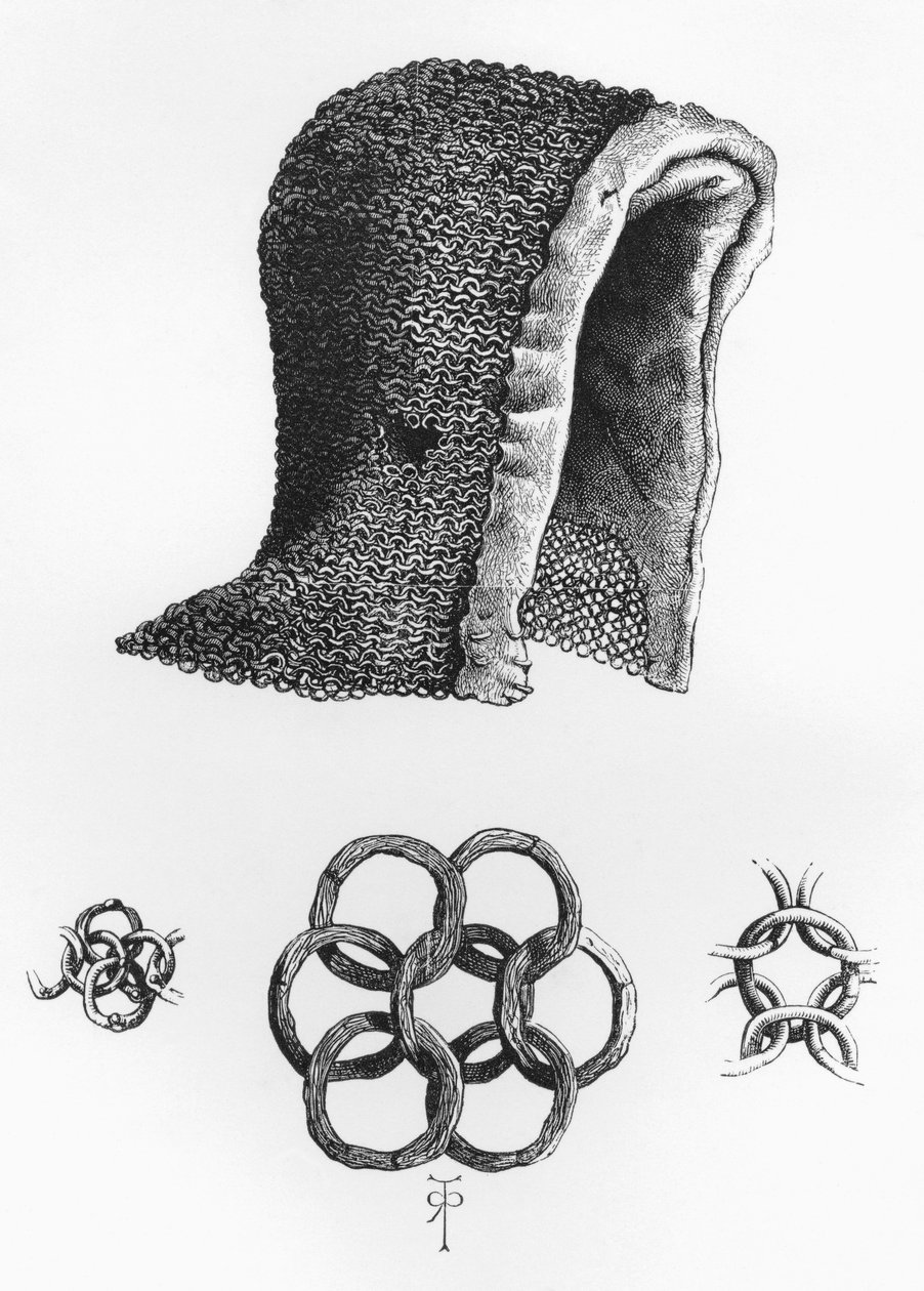 Zincir posta başlığı ve birbirine geçen zincir posta örneği, c. MS 1120, The British Army: Its Origins, Progress and Equipment'tan 1868'de yayınlandı. by English School