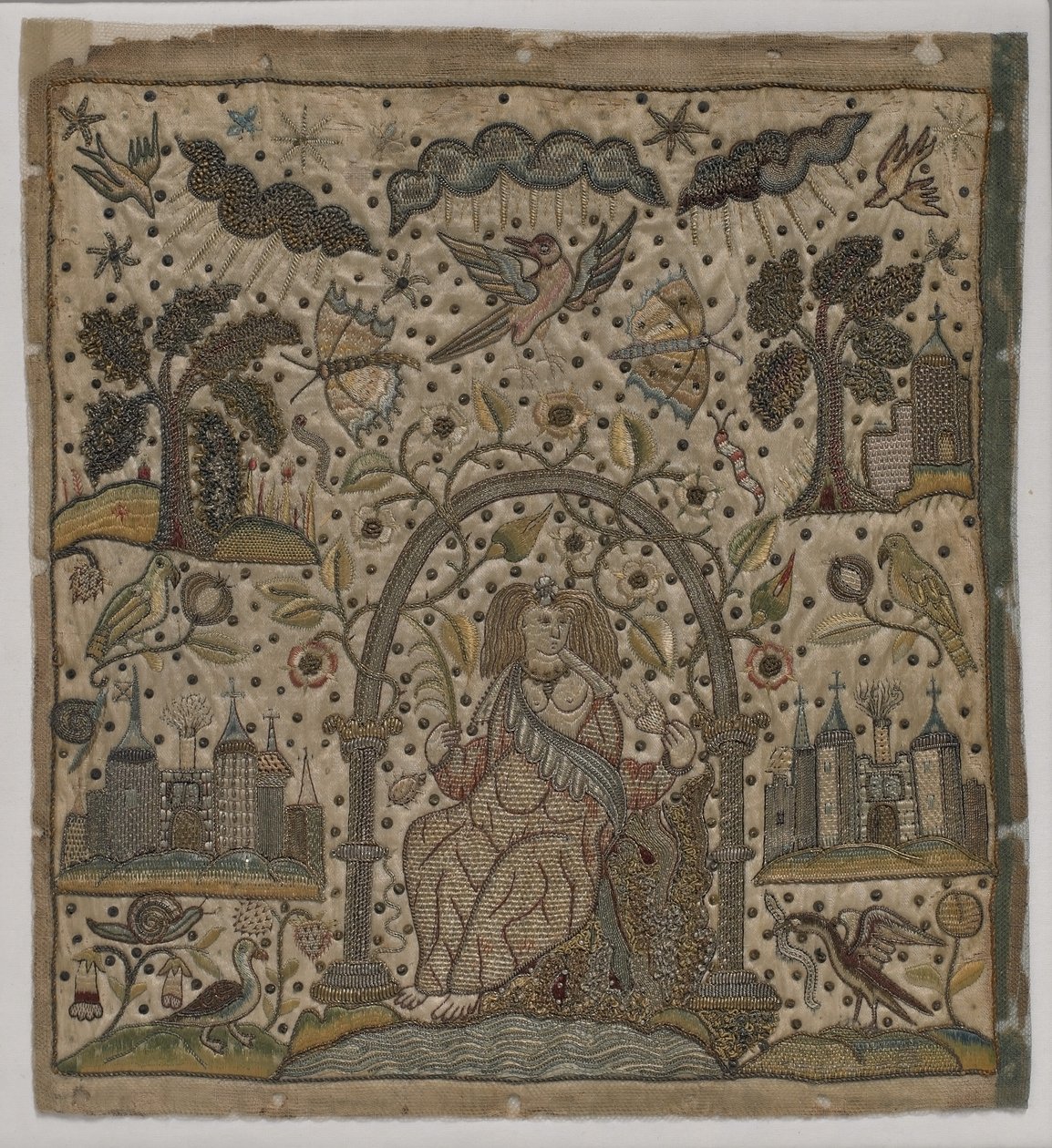 Bir kemerin altındaki sadaka, c.1640 (saten üzerine ipek, metal ipler ve pullar) by English School