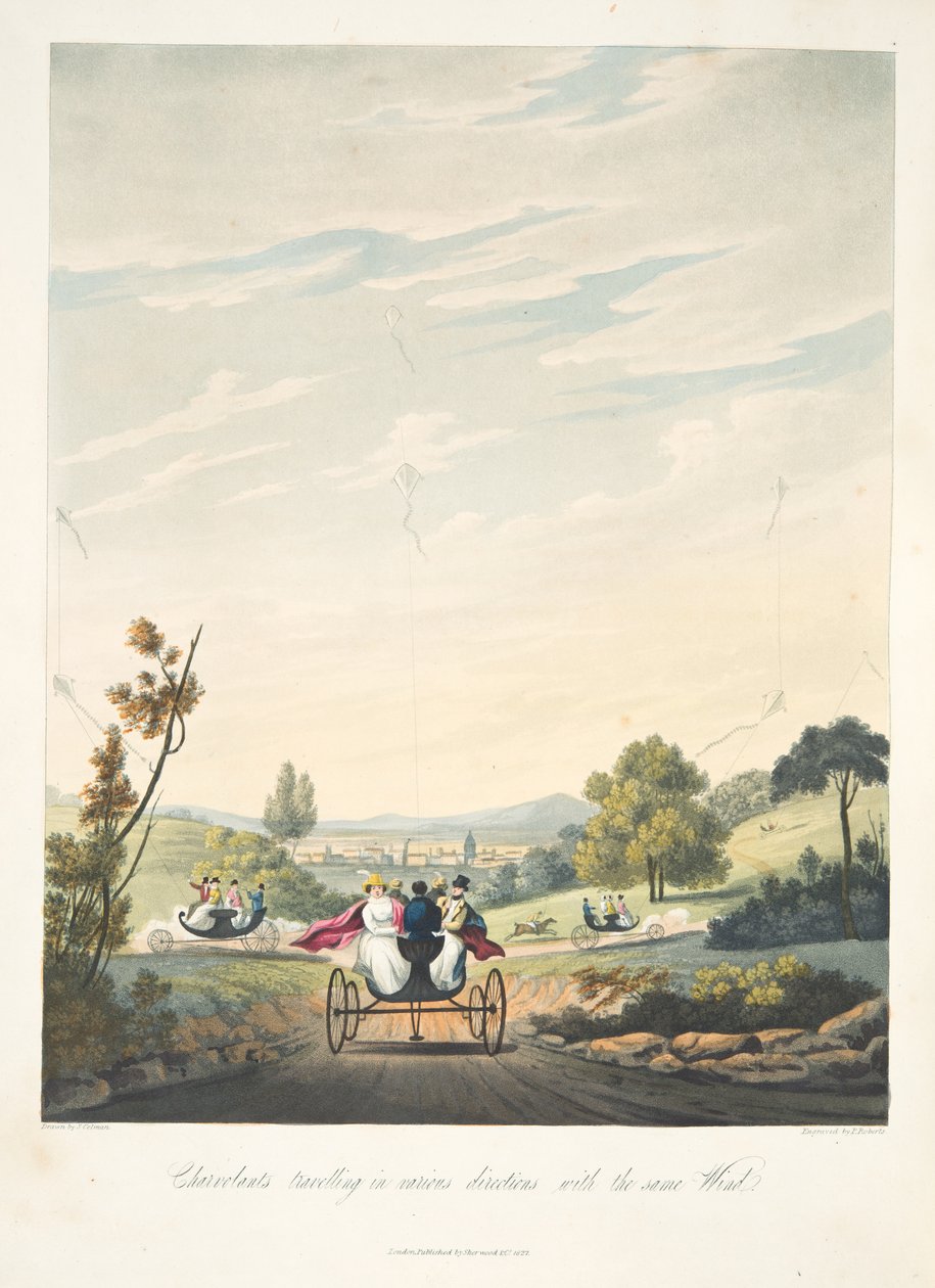 "The Aeropleustic Art, or Navigation by the Use of Kites veya Buoyant Sails, yayın. 1827'den (el renkli aquatint) aynı rüzgarla çeşitli yönlerde seyahat eden Chervolents by English School