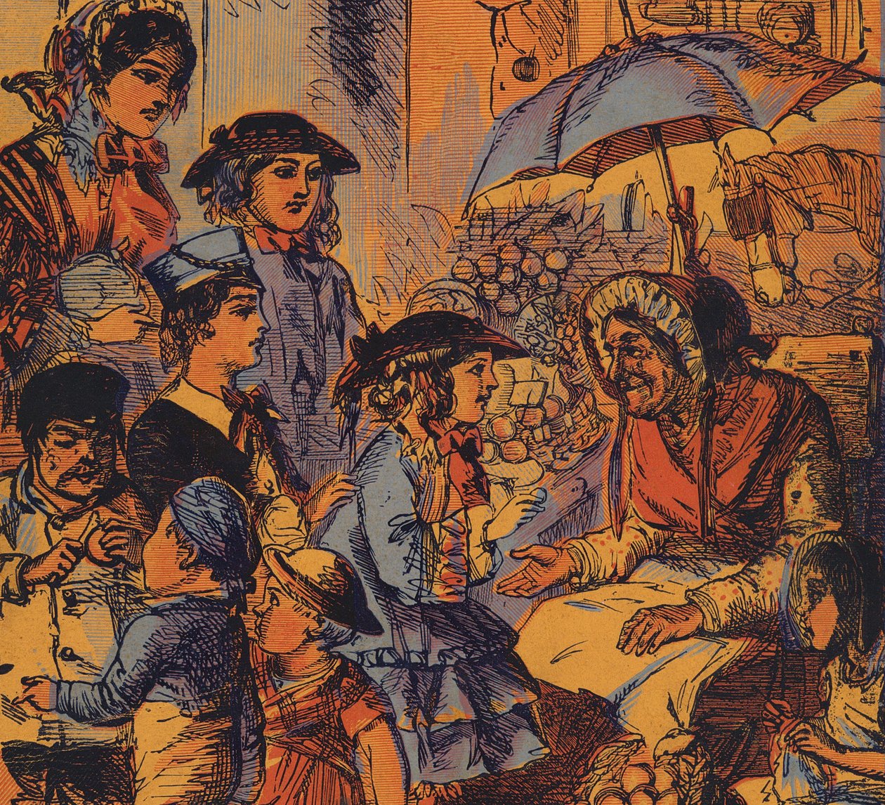 Yaşlı ve yoksul bir kadına para veren çocuk (renkli lito) by English School