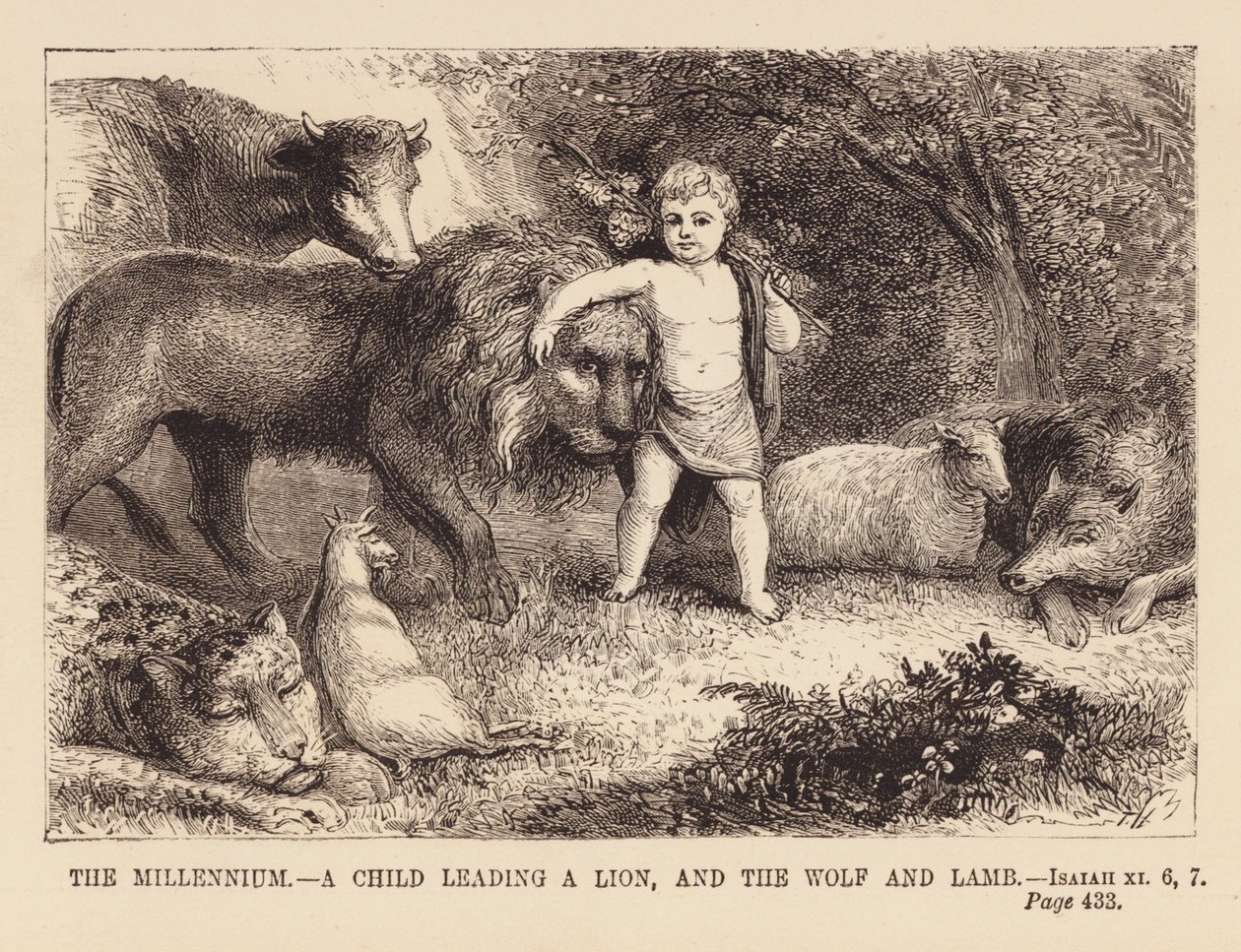 Aslan, kurt ve kuzuya liderlik eden çocuk (gravür) by English School