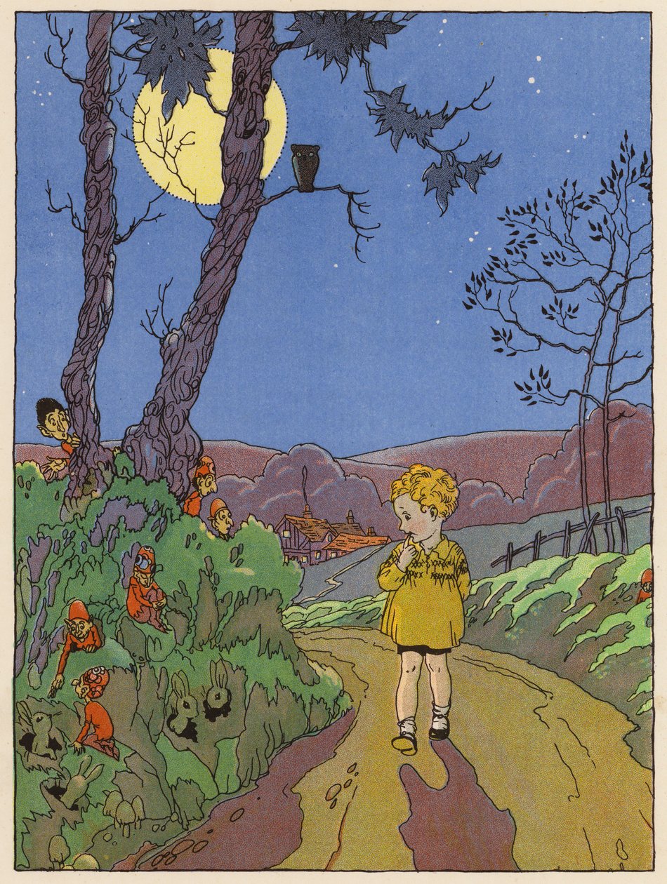 Gece yürüyen çocuk tavşanlar, elfler ve diğer yaratıkları görüyor (renkli taş baskı) by English School