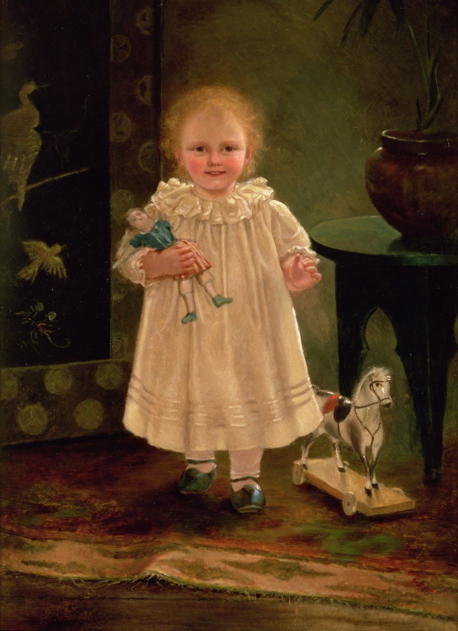 Oyuncak bebeği ve oyuncak atı olan çocuk, 1840 dolayları by English School