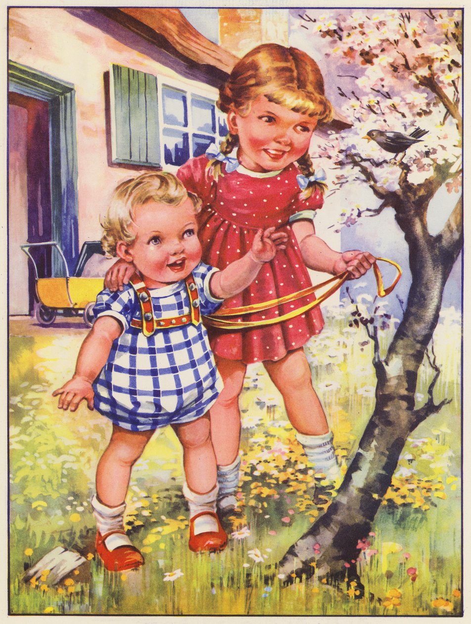 Bahçede karatavukla birlikte çocuklar (renkli taşbaskı) by English School
