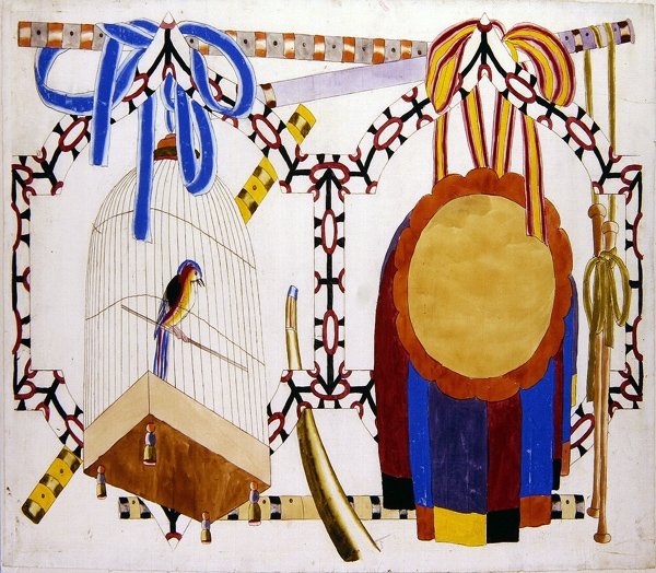 Kuş Kafesi ve Müzik Aletleri ile Chinoiserie tasarımı (kağıt üzerine basılı anahat üzerine sulu boya) by English School