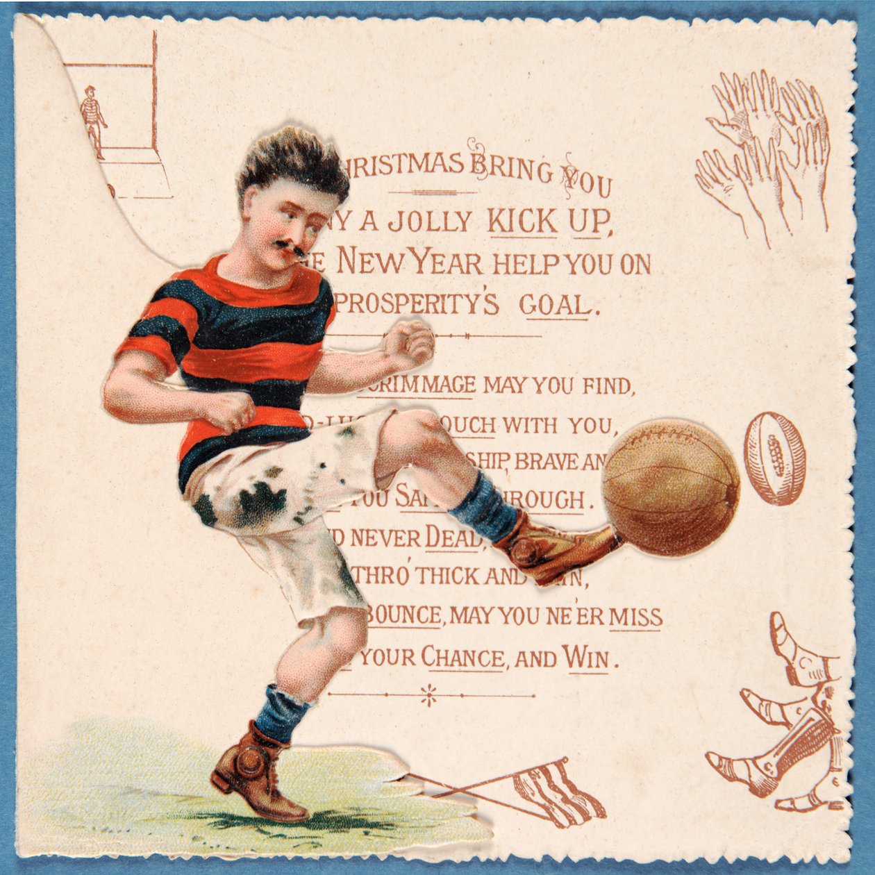 Bir futbolcunun topa vurduğunu gösteren Noel kartı, 1890