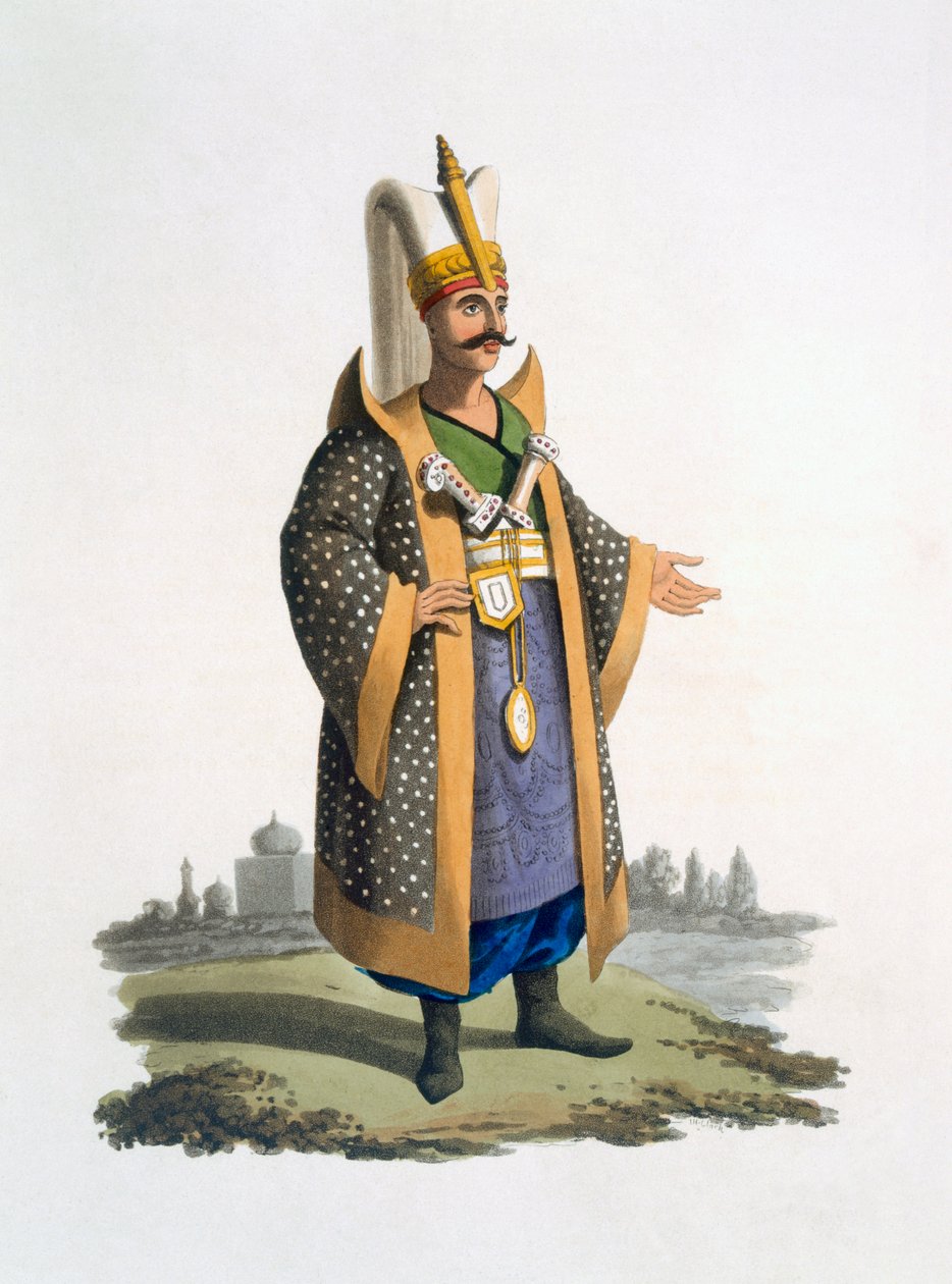 Mücevherli ve hançerli Yeniçeri Albayı, 1818 (renkli aquatint) by English School