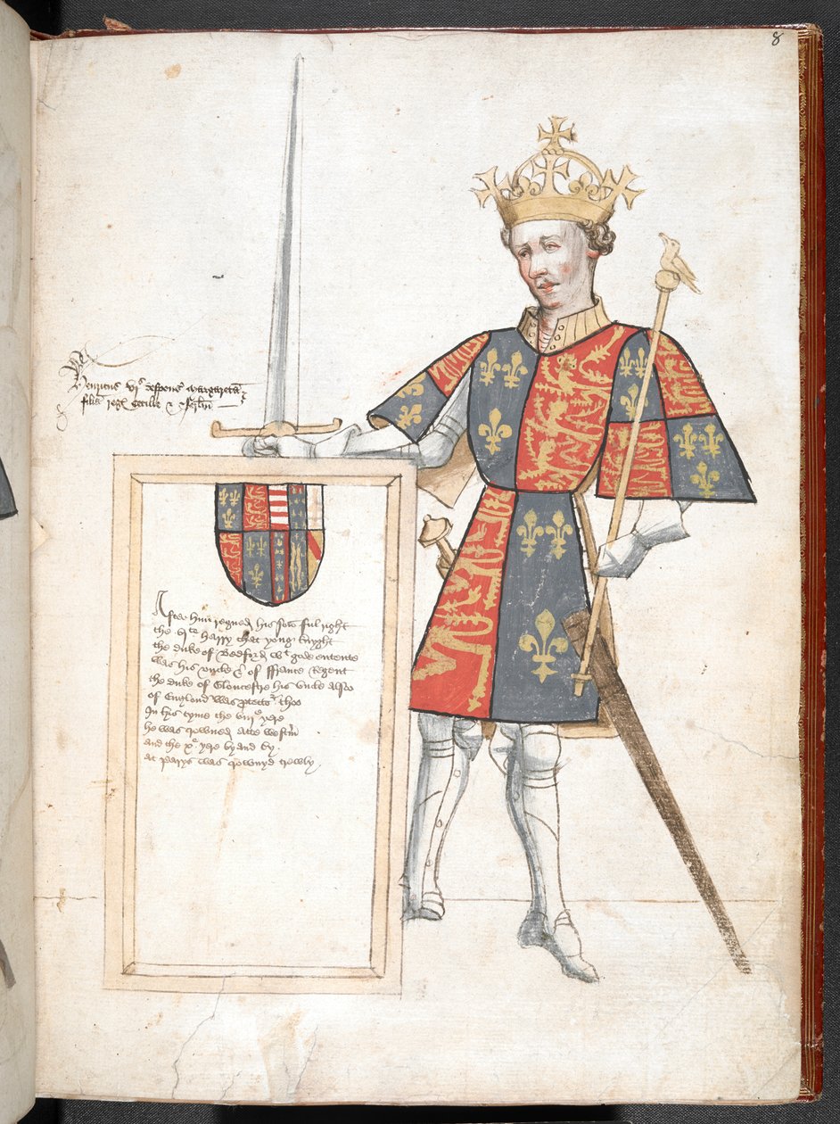 Zırhlı ve zırhlı bir İngiliz kralının renkli çizimi (Henry VI), ayetler içeren bir plaket sunar, 