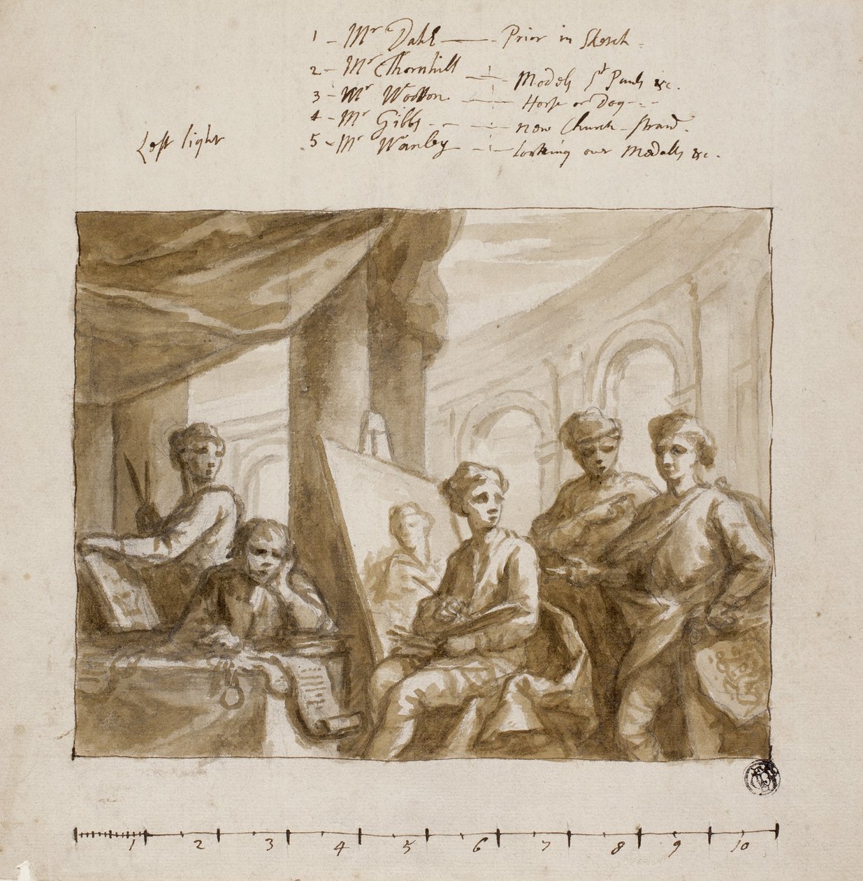 Company of Painters, c.1719 (fırçalı ve kahverengi cilalı, grafit üzeri, fildişi serilmiş kağıt üzerinde) by English School