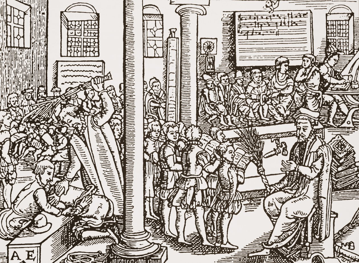 Bir Tudor gramer okulunun çağdaş gravürü by English School