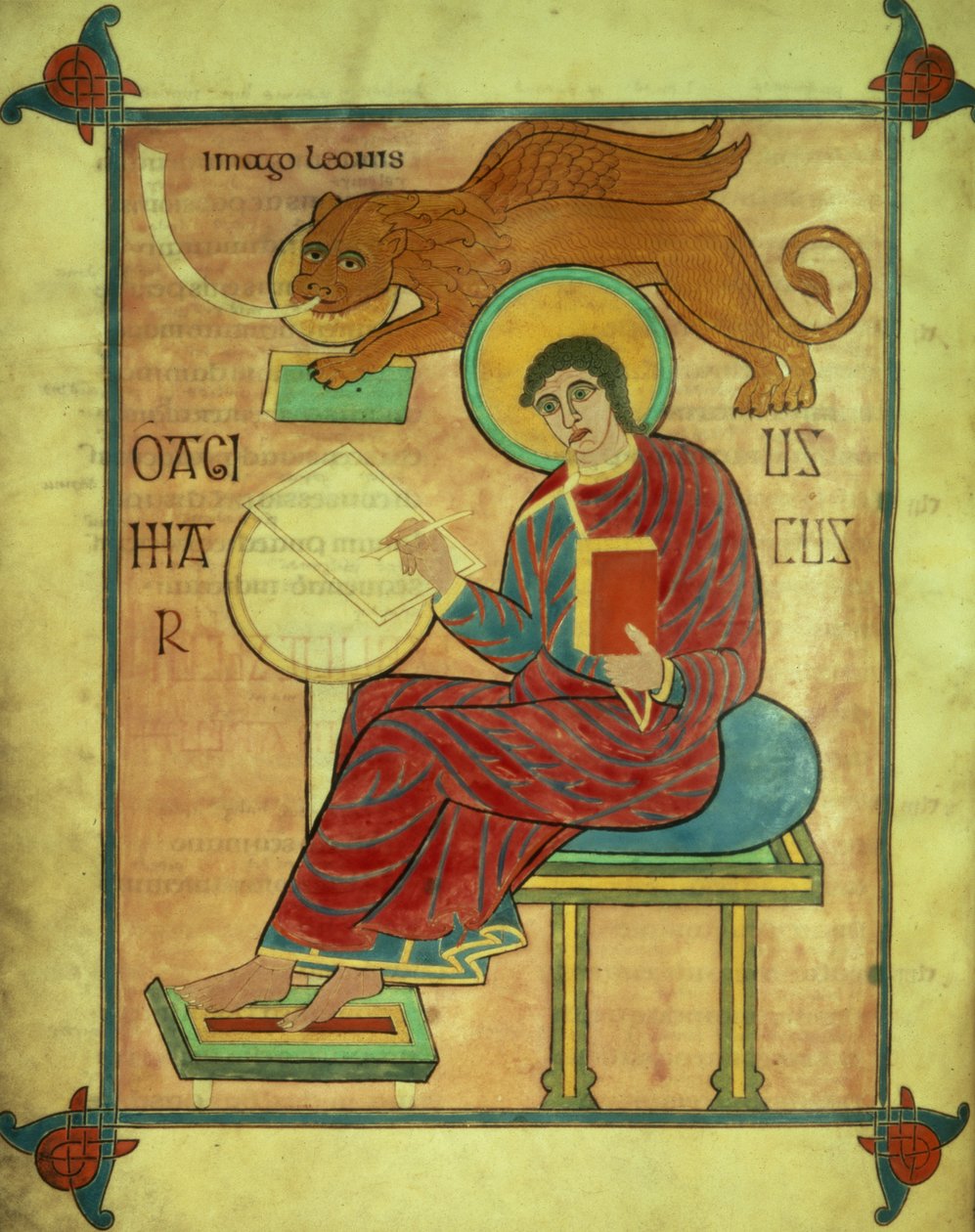 Cott Nero DIV f.93v St. Mark sembolüyle oturuyor, Lindisfarne İncillerinden, 710-721 (parşömen) by English School