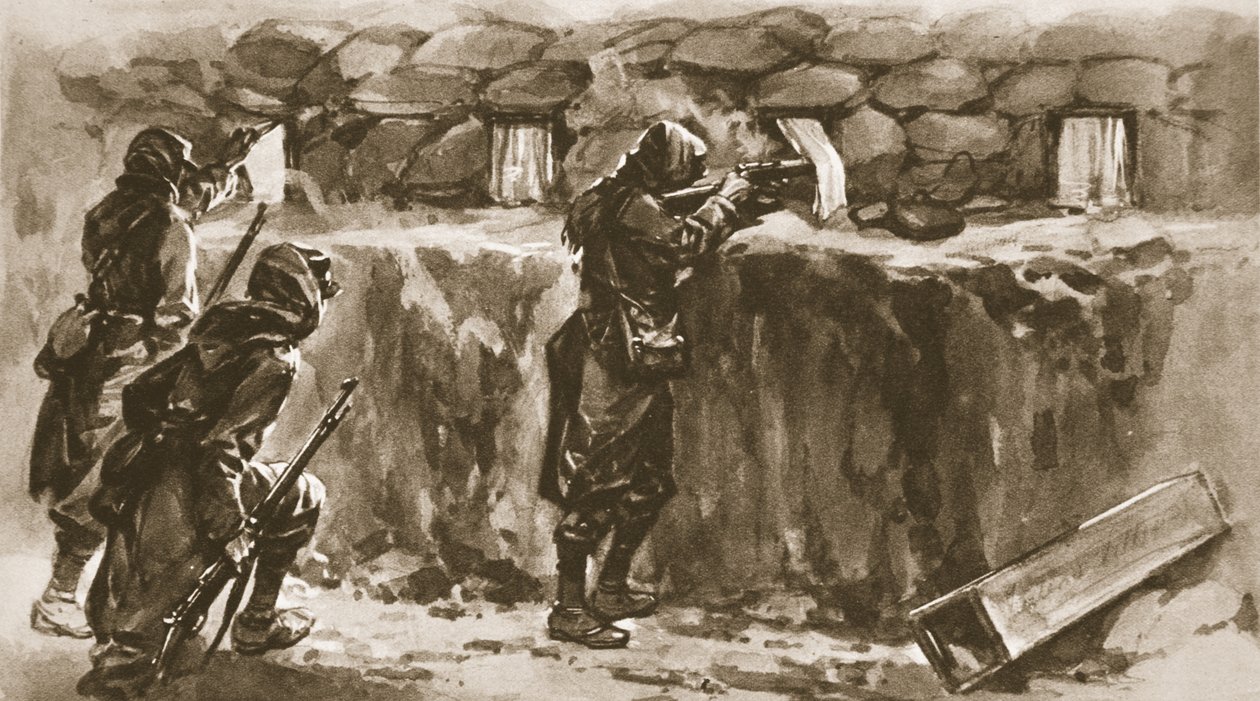 Siper ilmek deliği ekranları olarak kulübe pencere perdeleri: The Illustrated War News, 1915